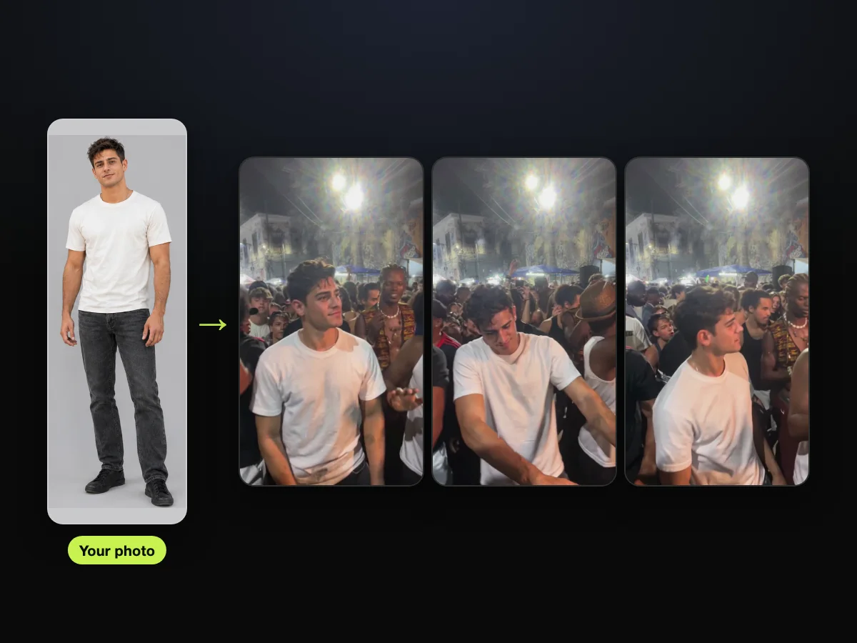 Full-body photo of an AI-made man used as the photo, beside frames from a charme dance AI video made on Charme Dance AI