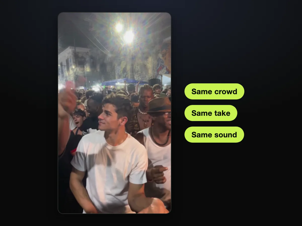 Frame from a charme dance AI video made on Charme Dance AI: the same crowd, take and sound