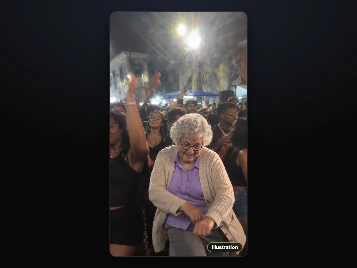 Illustration of a grandmother with white curly hair and glasses dancing in the Pedra do Sal crowd