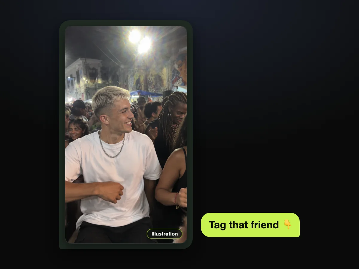 Illustration of a young man with bleached-blonde hair dancing in the Pedra do Sal crowd, beside a chat bubble